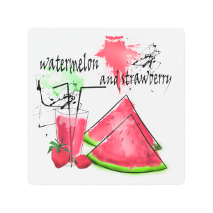 Watercolor drawing of watermelon and strawberries  metal print