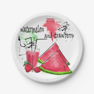 Watercolor drawing of watermelon and strawberries paper plates