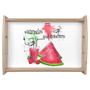 Watercolor drawing of watermelon and strawberries serving tray