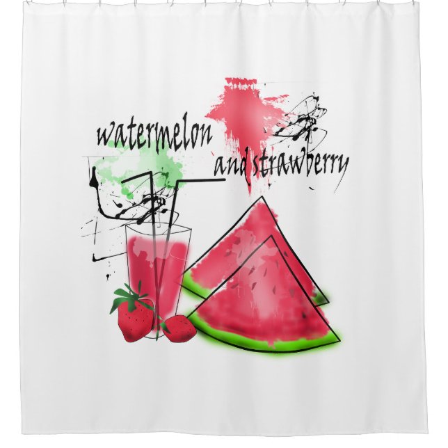 Watercolor drawing of watermelon and strawberries  shower curtain (Front)