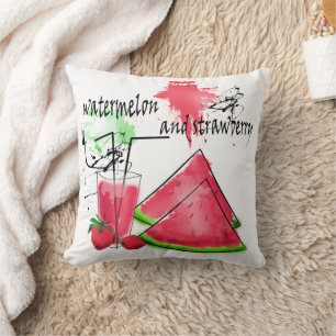 Watercolor drawing of watermelon and strawberries throw pillow