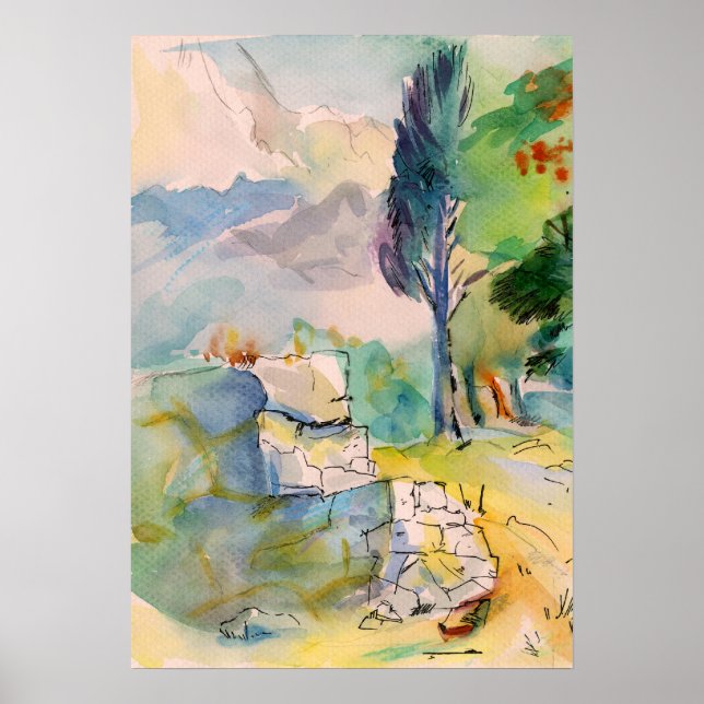 Watercolor drawing with an old wall against mounta poster (Front)