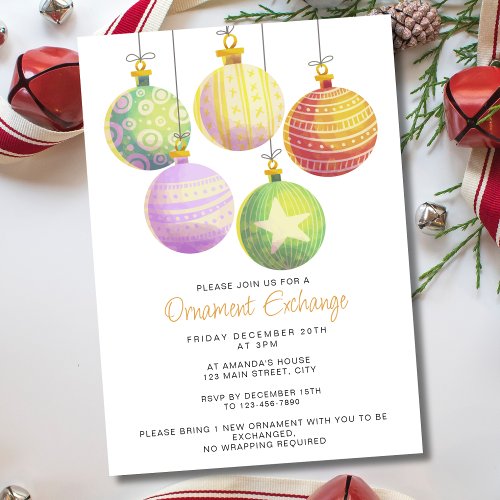 Watercolor Drawn Christmas Ornament Exchange Party Invitation