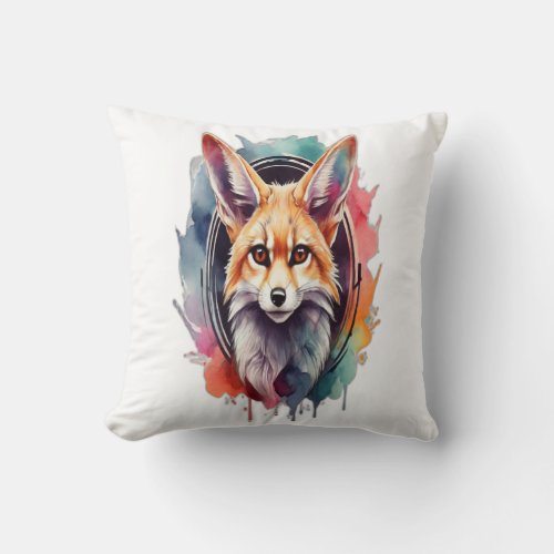 Watercolor Dream A Fennec Fox in a Swirl of Color Throw Pillow