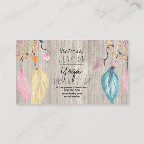 Watercolor dreamcatcher feathers light wood yoga business card