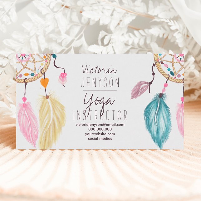 Watercolor dreamcatcher feathers yoga instructor business card