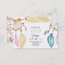 Watercolor dreamcatcher feathers yoga instructor business card