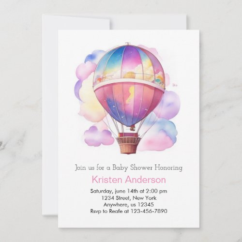 Watercolor Dreams Hot Air Balloon Girl Baby Shower Invitation
