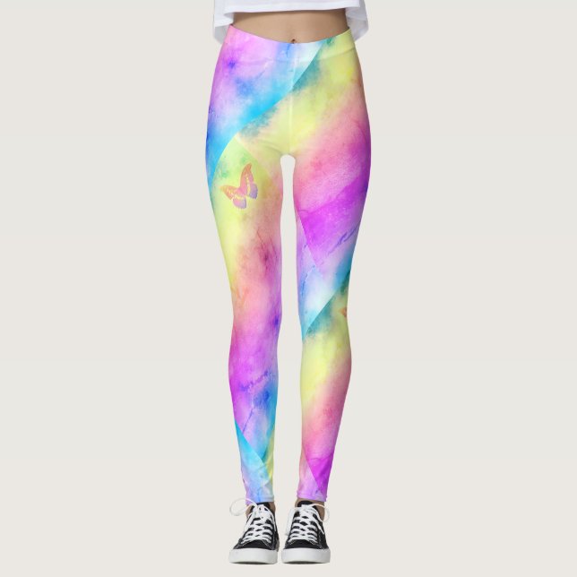 [Watercolor Dreams] Soft Pastel Colors Butterfly Leggings (Front)