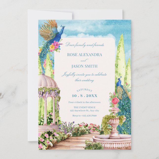 Watercolor dreamy floral garden bird wedding invitation (Front)