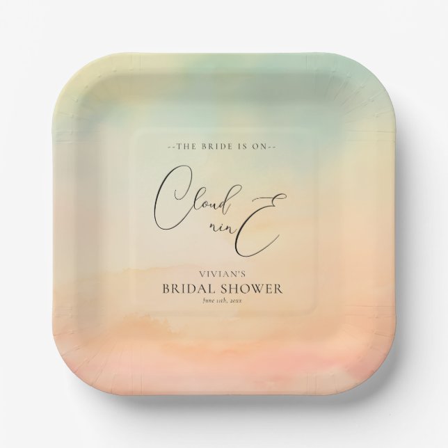 Watercolor Dreamy Sunset Cloud 9 Bridal Shower  Paper Plates (Front)