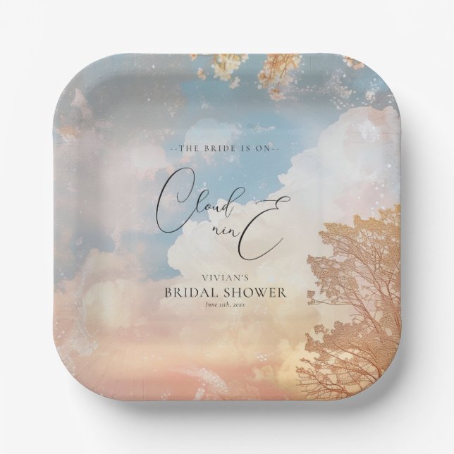 Watercolor Dreamy Sunset Cloud 9 Bridal Shower  Paper Plates (Front)