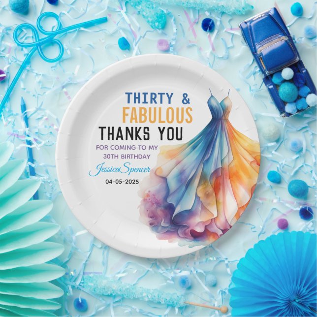 Watercolor Dress 30th Birthday Elegant & Feminine  Paper Plates (Party)