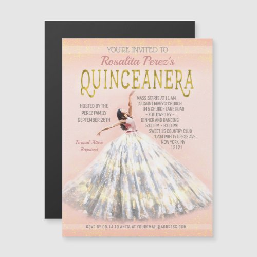 Watercolor Dress Blush Pink Gold Quinceanera Fancy Magnetic Invitation