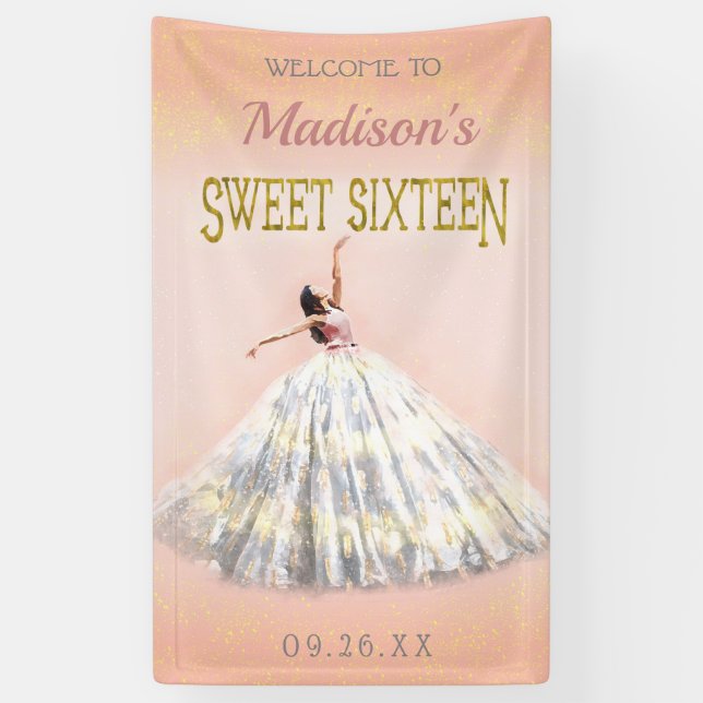 Watercolor Dress Blush Pink Gold Sweet 16 Birthday Banner (Vertical)