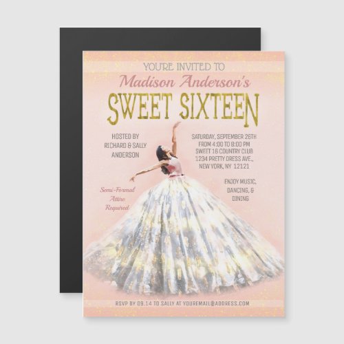 Watercolor Dress Blush Pink Gold Sweet 16 Birthday Magnetic Invitation