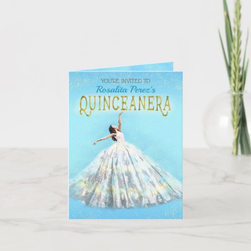Watercolor Dress Royal Blue Gold Quinceanera Fancy Invitation