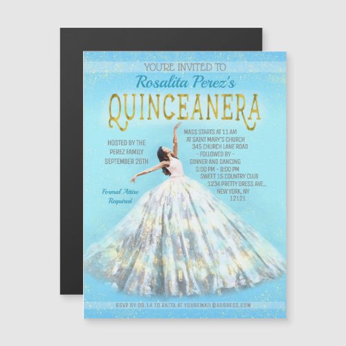 Watercolor Dress Royal Blue Gold Quinceanera Fancy Magnetic Invitation