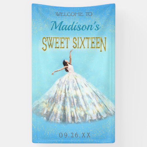 Watercolor Dress Royal Blue Gold Sweet 16 Birthday Banner