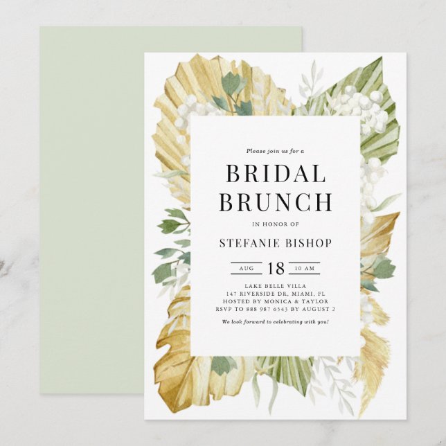 Watercolor Dried Palm Leaves Summer Bridal Brunch Invitation (Front/Back)