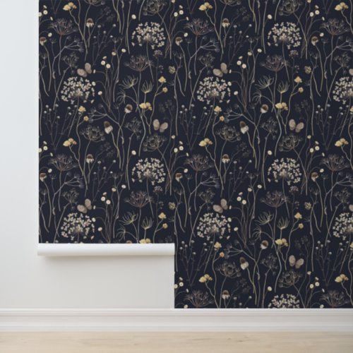 Watercolor Dried Wild Plants Butterflies Black  Wallpaper