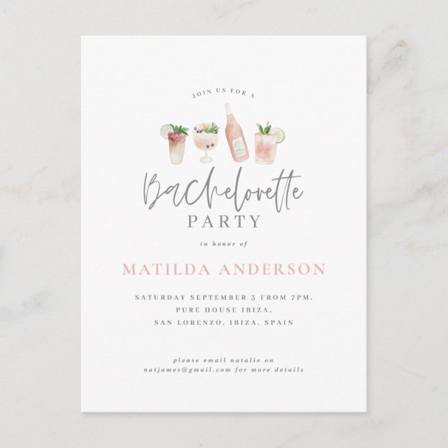 watercolor drink bachelorette party girly pink holiday postcard (Front)