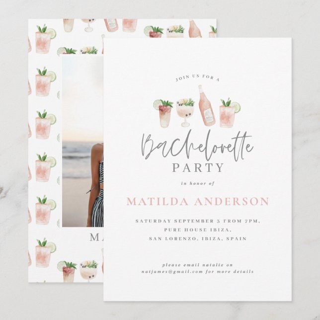 watercolor drink bachelorette party photo announcement (Front/Back)