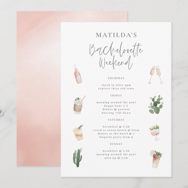 Watercolor drinks bachelorette weekend itinerary (Front/Back)