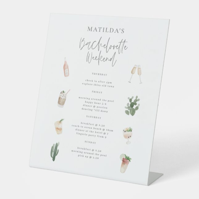 Watercolor drinks bachelorette weekend itinerary pedestal sign (Front)