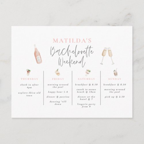 Watercolor drinks bachelorette weekend itinerary postcard