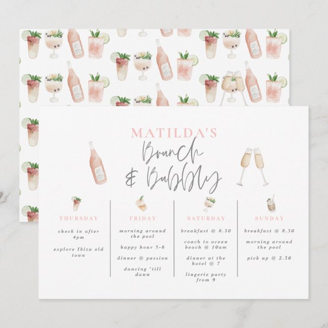 Watercolor drinks brunch and bubbly bachelorette  (Front/Back)