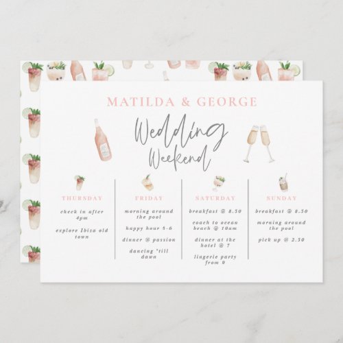 Watercolor drinks wedding weekend itinerary modern