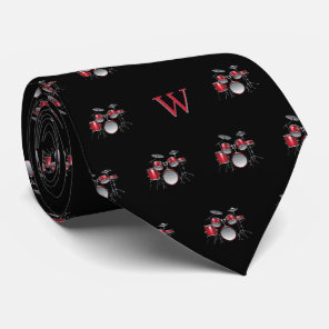 Watercolor Drum Kit Jazz Music Monogrammed Black Neck Tie