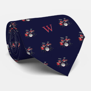 Watercolor Drum Kit Jazz Music Monogrammed Blue Neck Tie