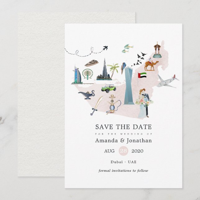 Watercolor Dubai UAE Destination Wedding Save The  Date (Front/Back)