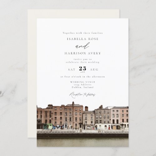 Watercolor Dublin Ireland Skyline River Wedding Invitation