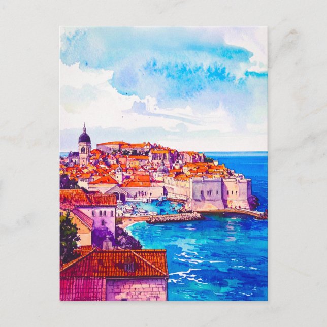 Watercolor Dubrovnik Retro Old Town Travel Postcard (Front)