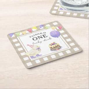 Watercolor Duck 1st birthday Square Paper Coaster