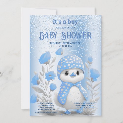 Watercolor Duck Blue Floral Baby Shower Invitation