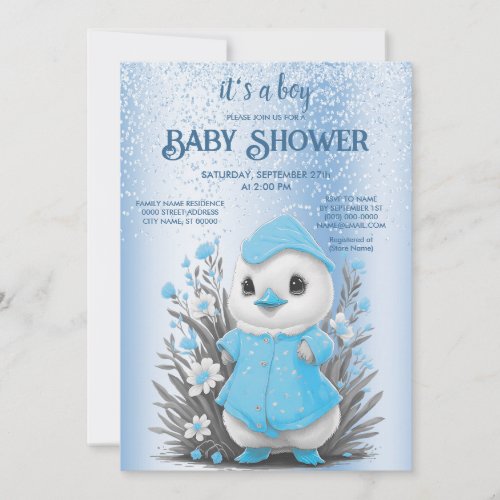 Watercolor Duck Blue Flower Baby Shower Invitation
