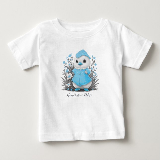 Watercolor Duck Blue Flowers Baby T-Shirt (Front)