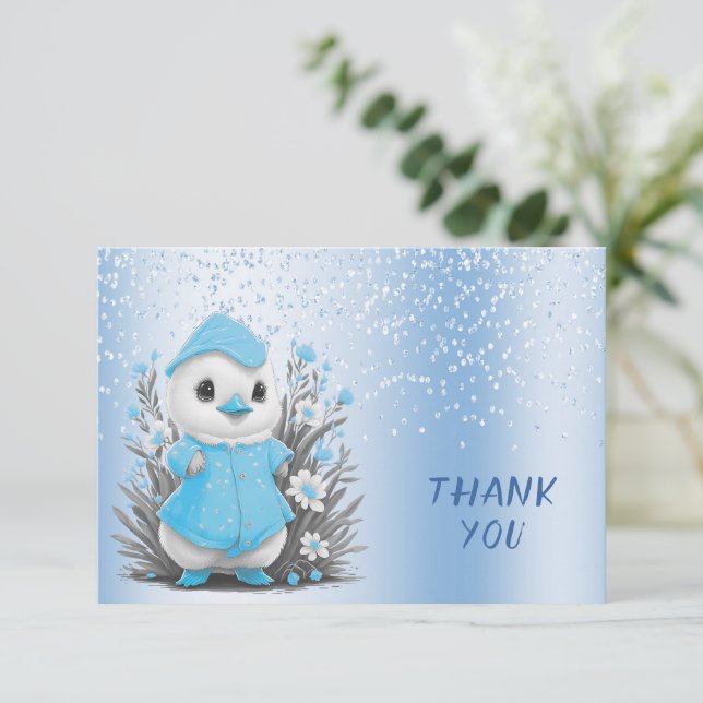 Watercolor Duck Blue Flowers Thank You Card (Standing Front)
