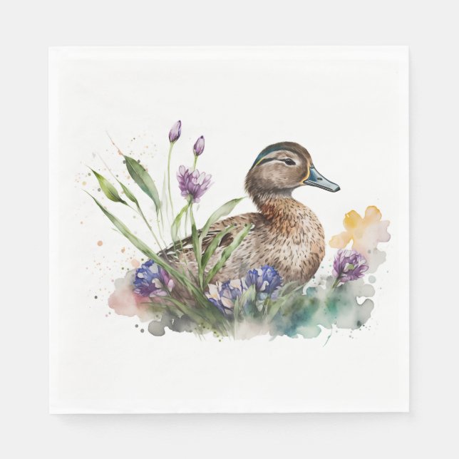 Watercolor Duck In Flowers Napkins (Front)