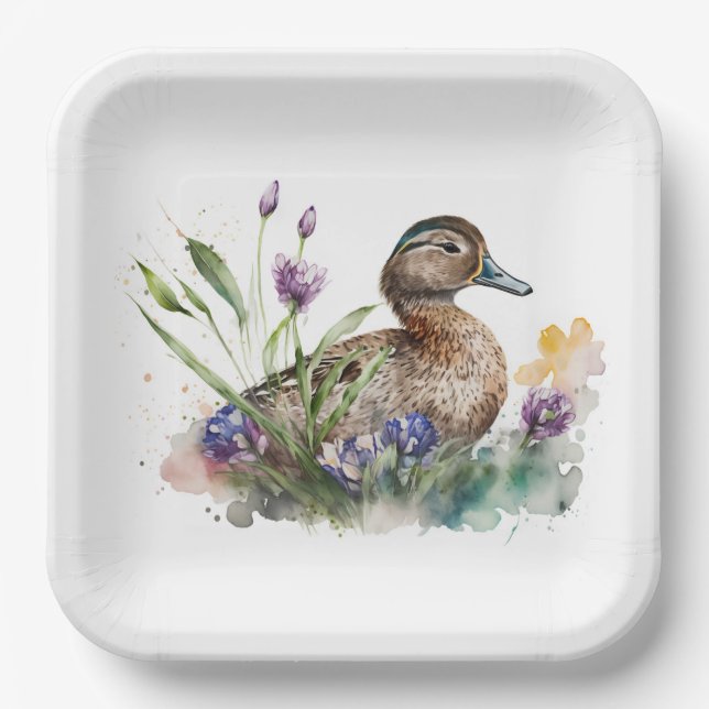 Watercolor Duck In Flowers Paper Plates (Front)