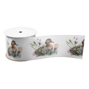 Watercolor Duck In Flowers Satin Ribbon