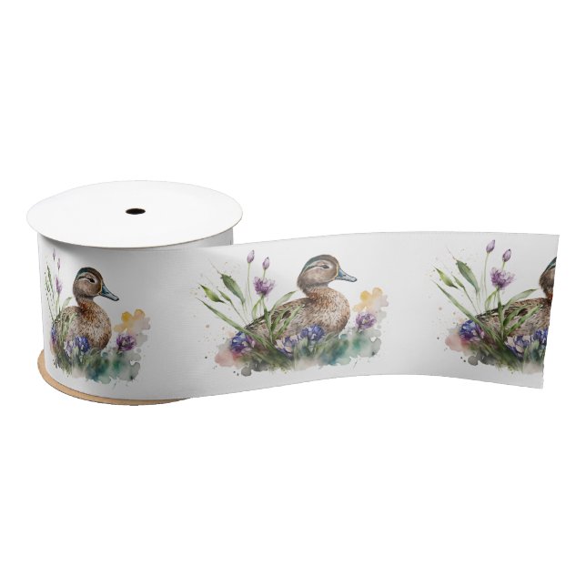 Watercolor Duck In Flowers Satin Ribbon (Spool)