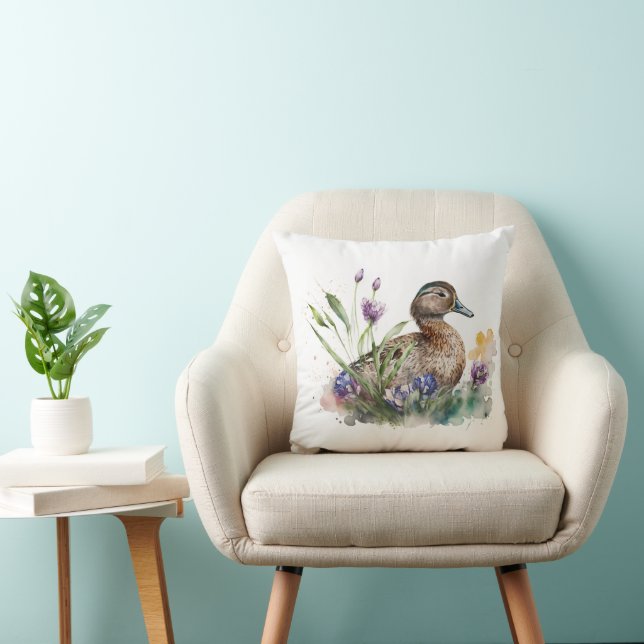 Watercolor Duck In Flowers Throw Pillow (Chair)