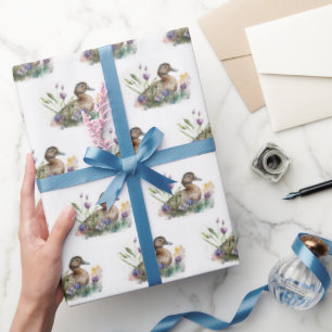 Watercolor Duck In Flowers Wrapping Paper