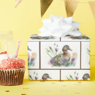 Watercolor Duck In Flowers Wrapping Paper