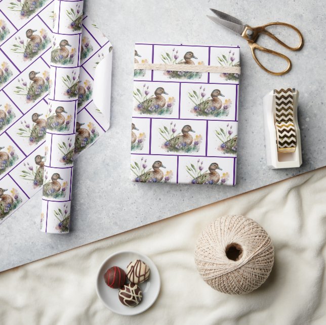 Watercolor Duck In Flowers Wrapping Paper (Crafts)
